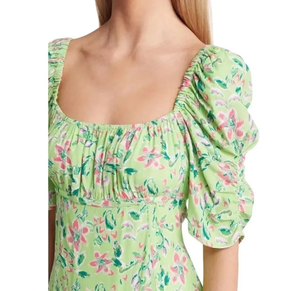 WAYF Liv Green Floral Puff Sleeve Mini Dress Scoop Neck Back Tie Detail Size L - Picture 3 of 5